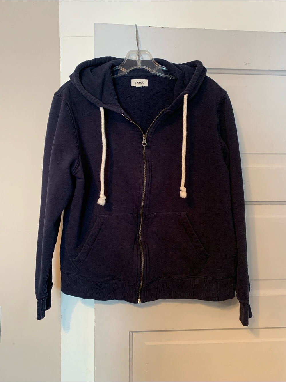 Pact Organic Navy Zip Hoodie with Cream Drawstrings Unisex